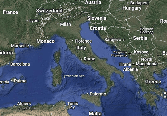 Map showing Italy and surrounding European countries with labels for major cities and countries.