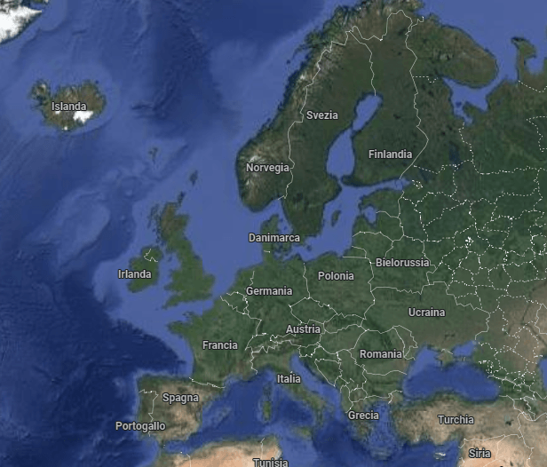 Satellite map of Europe with country names labeled in Italian.