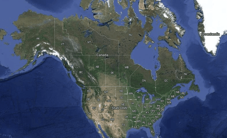 Map of North America showing Canada, United States, and Greenland with state and province labels.