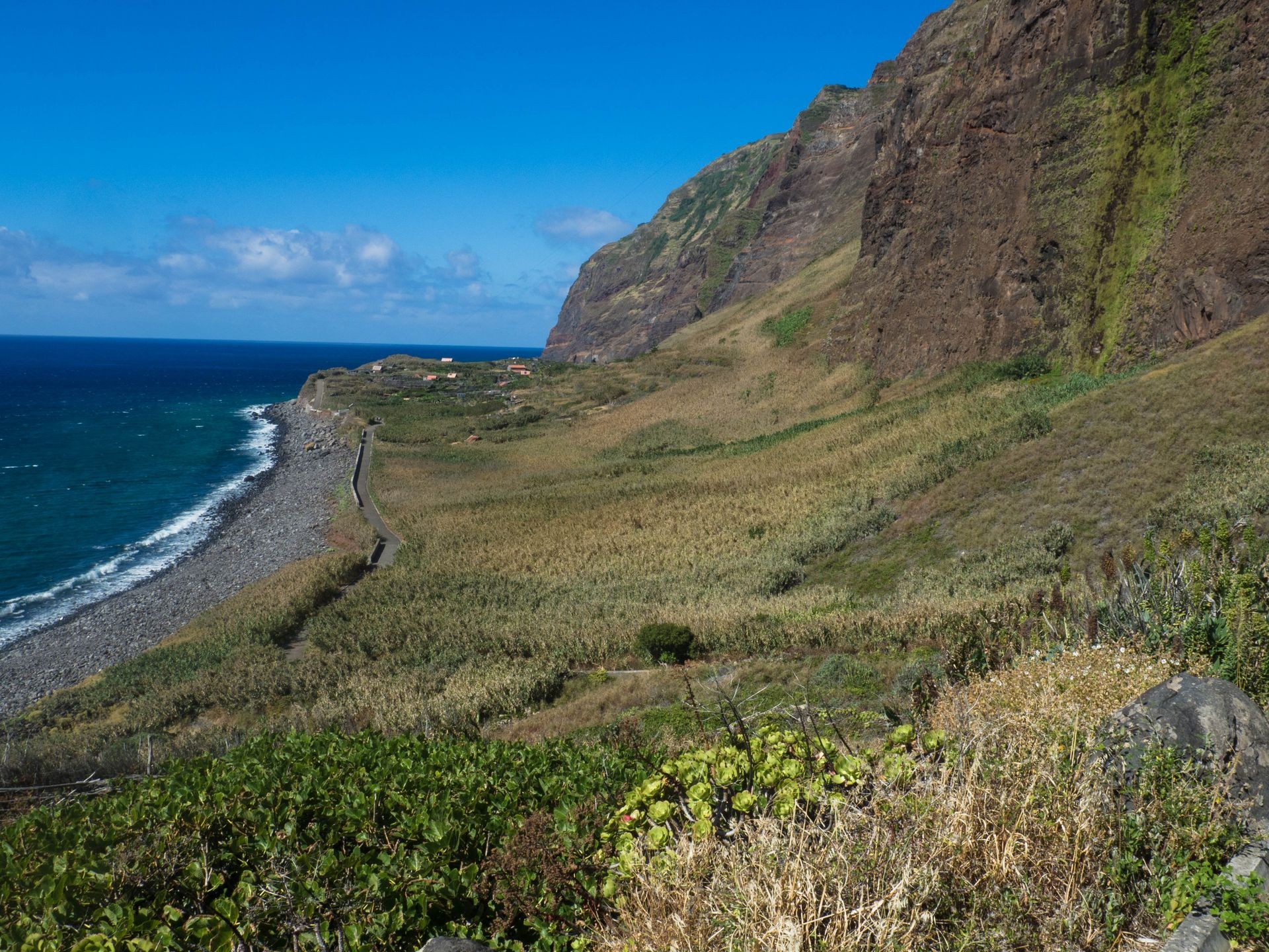 Coastal landscape with rocky shore, ocean, and steep grassy cliffs under a clear blue sky.