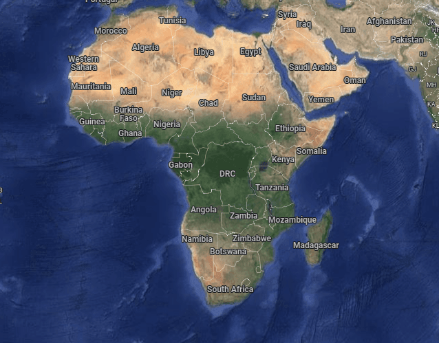 Satellite image of Africa showing country names and boundaries, with surrounding oceans labeled.