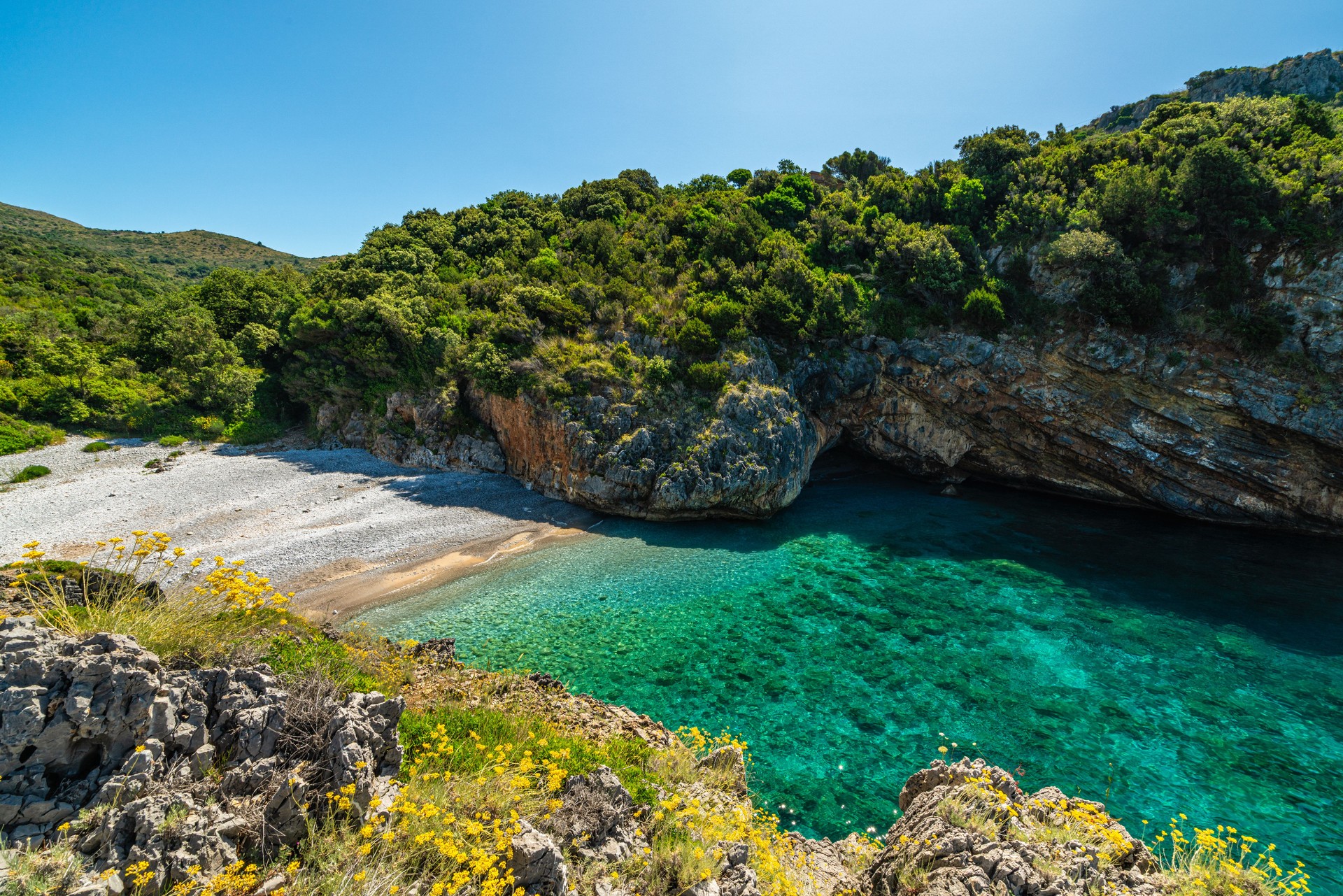The marvelous Cala Bianca beach, near Marina di Camerota, Cilento, Campania, Italy.
